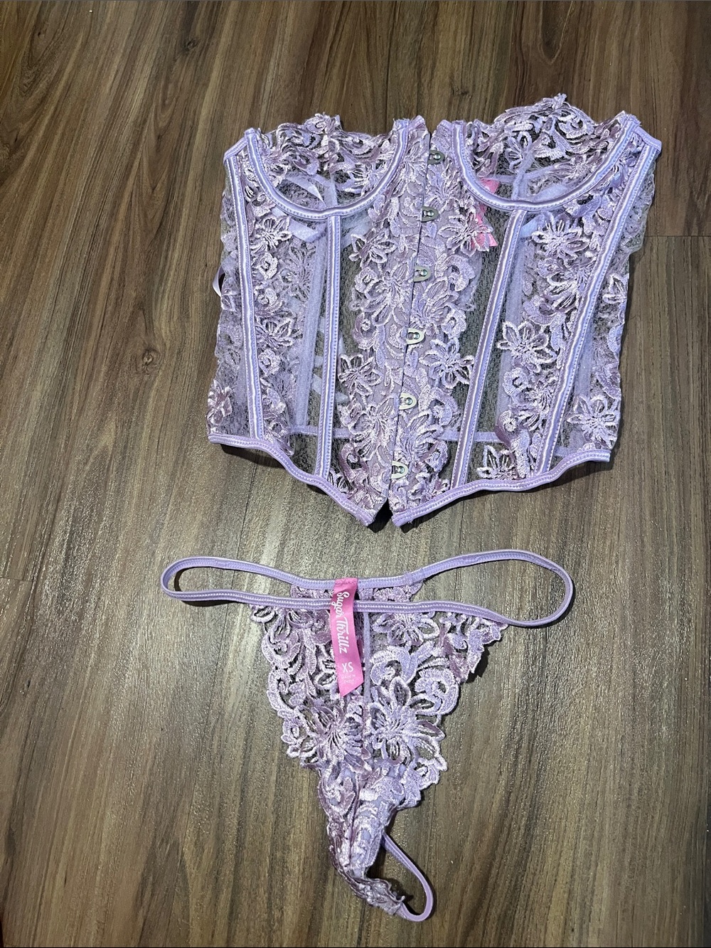 Sugar Thrillz Lilac Floral Lace Bustier Corset & Thong Set